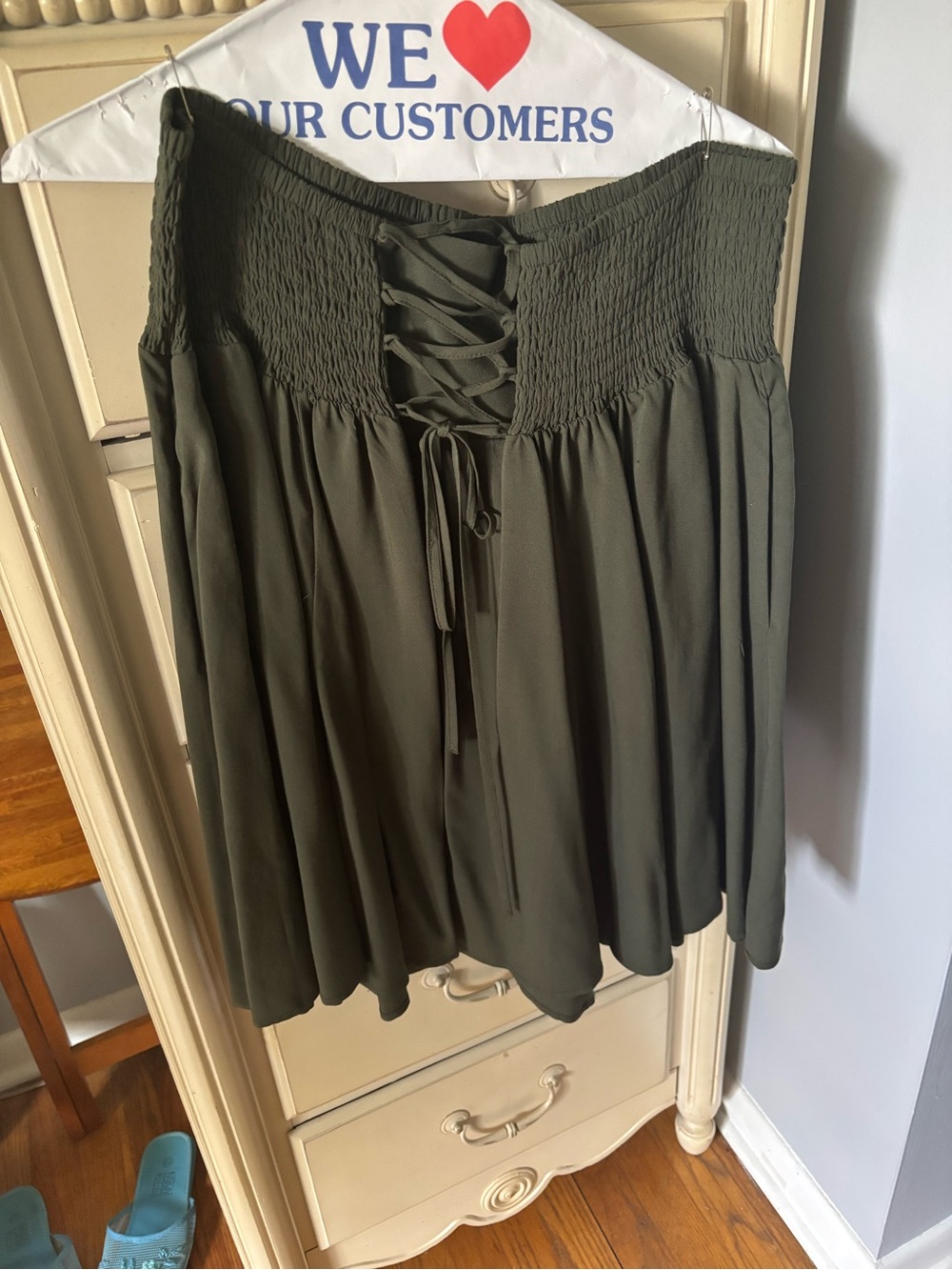 Smocked Waist Olive Green A-Line Midi Skirt